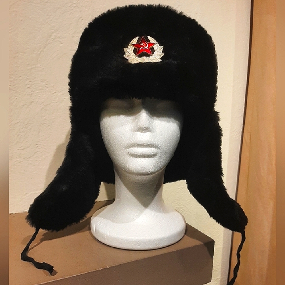 Black Faux Fur Russian Ushanka Hat - Picture 8 of 13